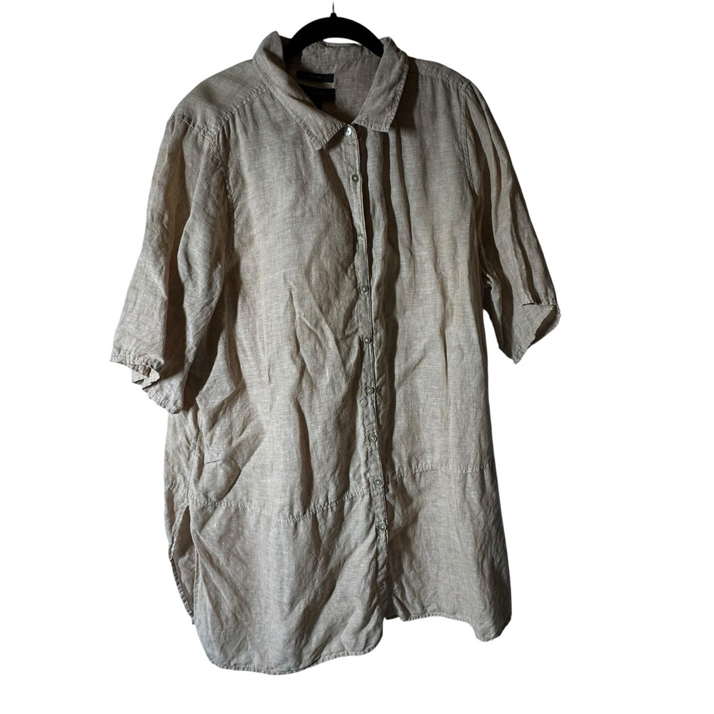Tahari Top 100% 1X Linen Tan Short Sleeve Button Down Tunic Top Lagenlook